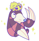 A drawing of a shiny Drilbur with a shiny Joltik sitting on its head. The Drilbur is lifting its claws up towards it and they are looking at each other curiously.